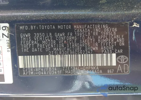 2006 Toyota Matrix Xr from USA, damaged, VIN 2T1LR30E96C562347